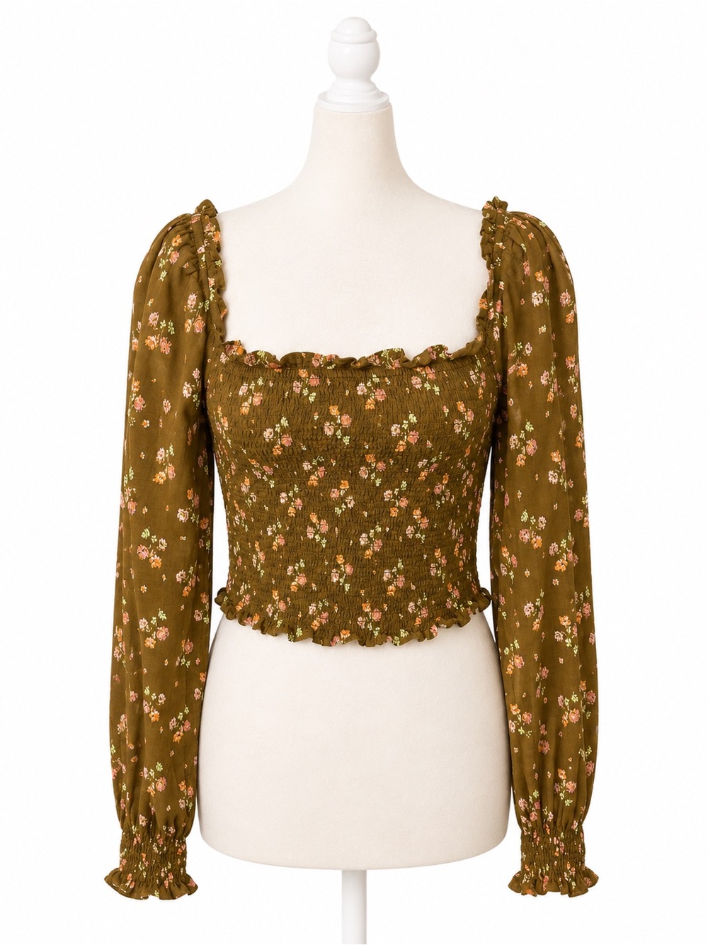 Aerie Women’s Smocked Floral Crop Top Medium Green/Brown Long Sleeve Cottagecore